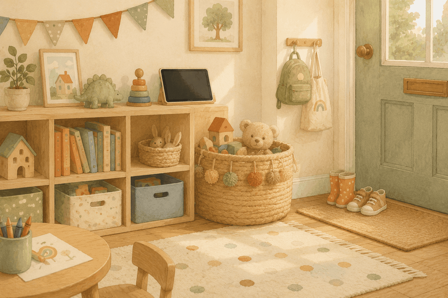 Beautiful playroom with toys neatly stored and a tablet waiting on a shelf