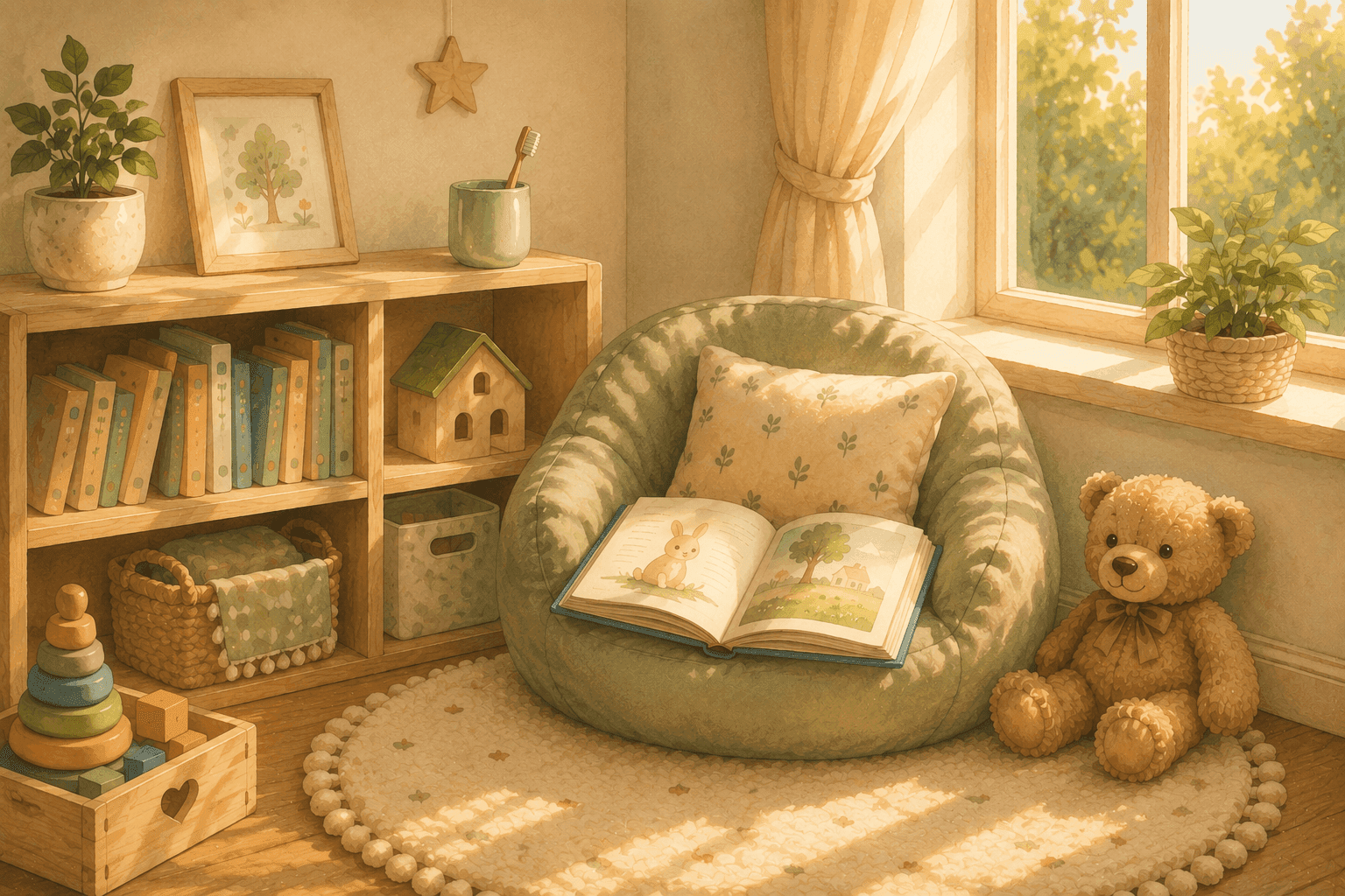 Cozy reading corner with books, teddy bear, toothbrush, and organized toys
