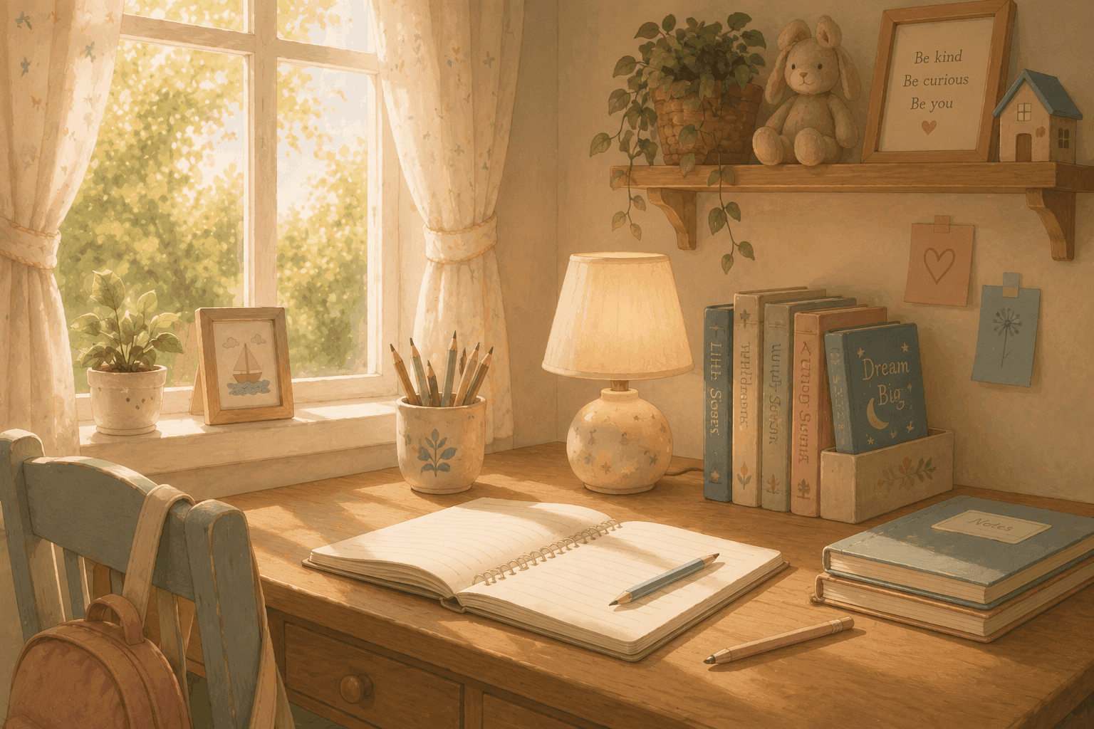 Child doing homework at a tidy desk in a warm afternoon light