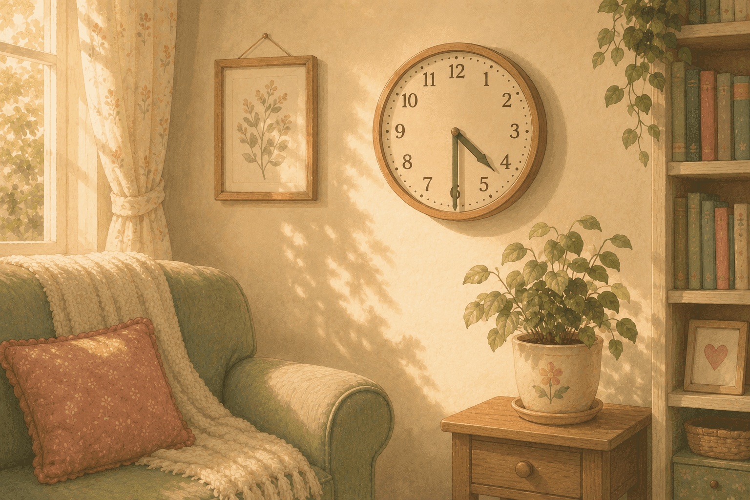 Simple wall clock showing afternoon time with a calm home setting